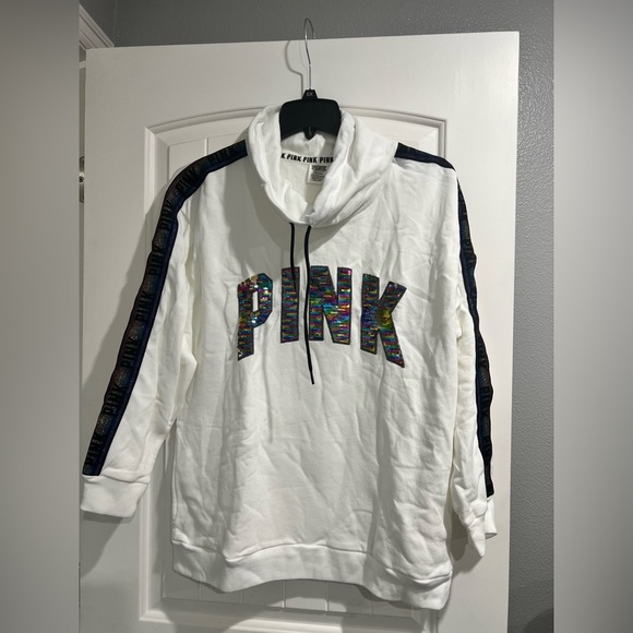 PINK Victoria's Secret Tops - NEW‎ NIP VS PINK Victoria Secret white sequins cowl neck crop sweatshirt L large